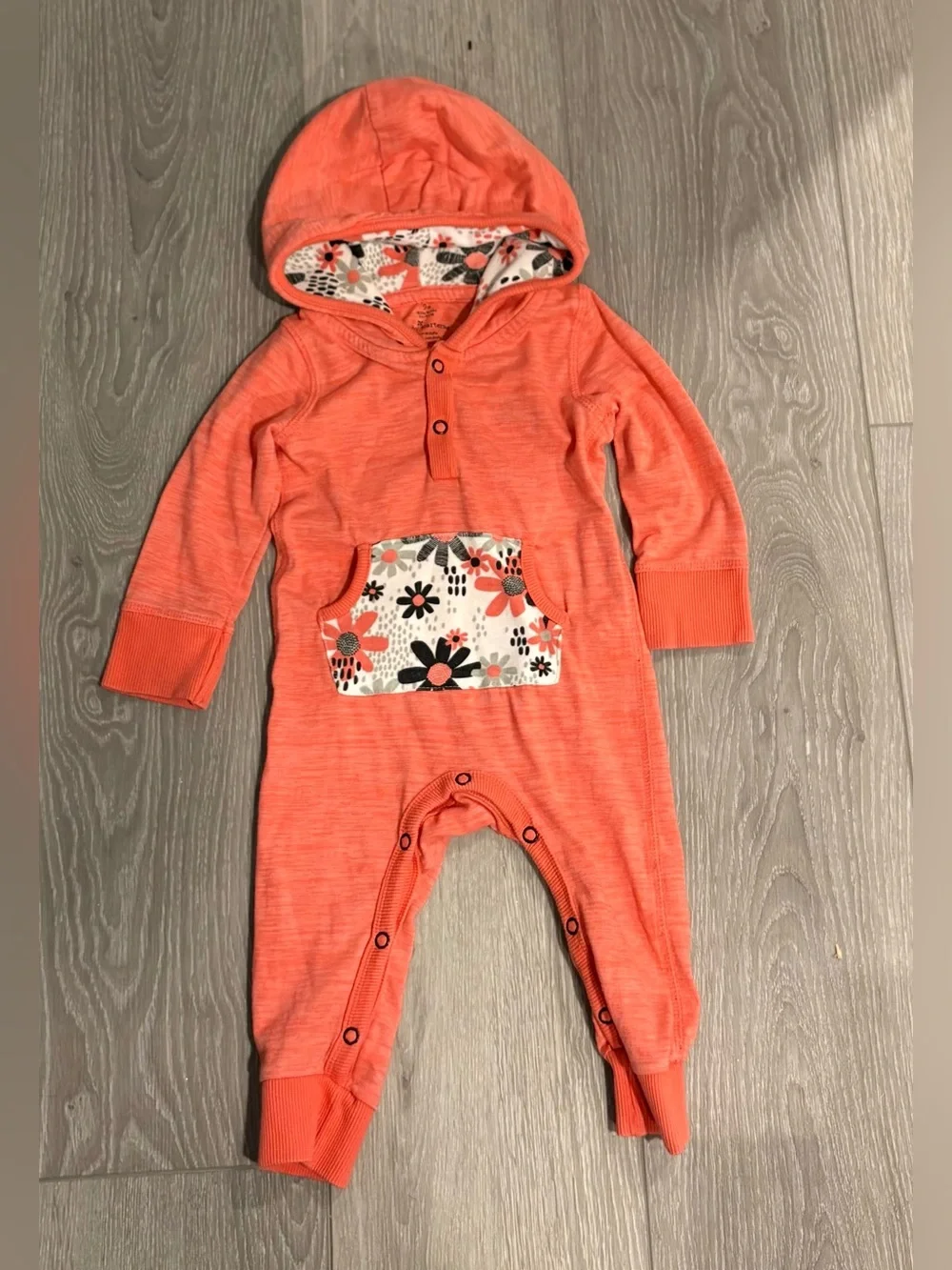 Coral Floral Hooded One-Piece Romper for Babies . Size 9 months